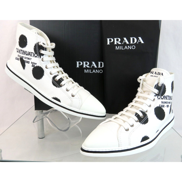 PRADA 1T618M WHITE BLACK POLKA CANVAS LOGO POINTY CAP HIGH TOP SNEAKERS 40 ITALY - Picture 3 of 15
